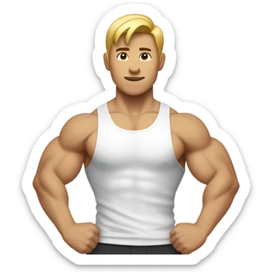 asian personal trainer short golden hair white vest man flexing bicep sticker