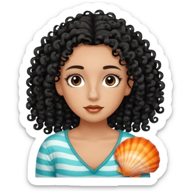 Tanned face with sea-salt black curls and a freckled nose, long full eyelashes, seashell hair clips, long hair sticker