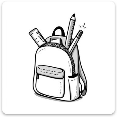 a backpack with pockets, zippers, and straps, containing school supplies like notebooks, pencils, and rulers peeking out, in pastel colors dd9fb0, ffc6d3, a3bfc9, c4bee2, f1b091, detailed hand-drawn doodle style sticker