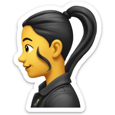 Side profile of a yellow emoji with a pony tail and a big black circle on her cheeck sticker