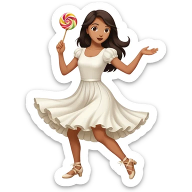 Beautiful woman in 1950’s woman fashion look, white dress, long dark brown hair, balboa couple dance, lolly kicks movement  sticker