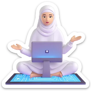 computer engineer with white hijab immersed in augmented reality, surrounded by floating metaverse elements, digital codes, virtual machines, tech graphics sticker