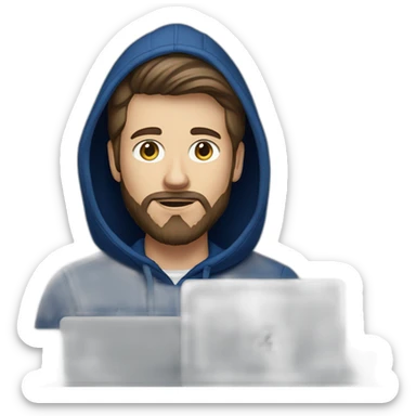 Brown hair white man with a beard typing on apple computer wearing a dark blue nike hoodie sticker
