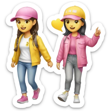 Two korean girls wearing pink and yellow cap wandering around wan chai sticker