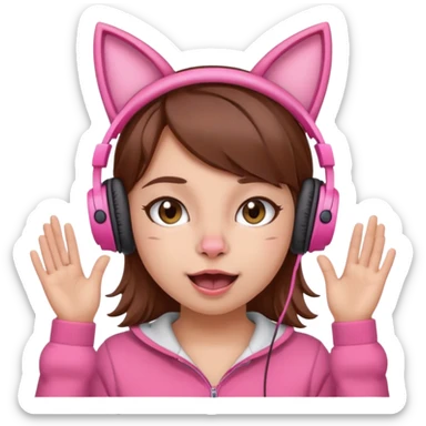 une fille avec des écouteursde chat rose et des cheveux brun qui fais une grimasse sticker