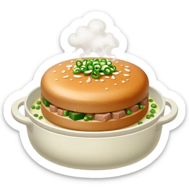 Emoji of a Chinese steamed pork patty in a small dish, topped with chopped scallions and steam rising, soft texture, minimal style. sticker
