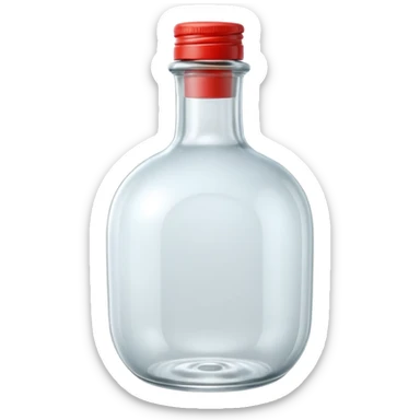 A 3D Apple-style clear glass bottle emoji, completely empty, smooth and shiny transparent surface, simple round body with a short neck and small cap, light reflections on the glass, clean minimal background. sticker