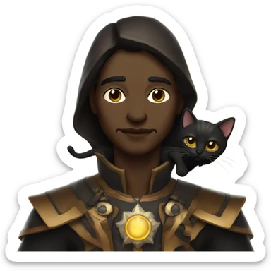 A sun warlock who is pale with deep brown hair and is holding a black kitten sticker