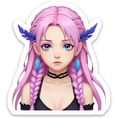 Gorgeous anime lady long-pale-pastel-pink-hair with one braid on each side, grumpy expression, purple-pink feather-ear-cuffs in hair, black bodysuit, blue eyes, pink iris, ethereal, fantasy, fashion aesthetic  sticker
