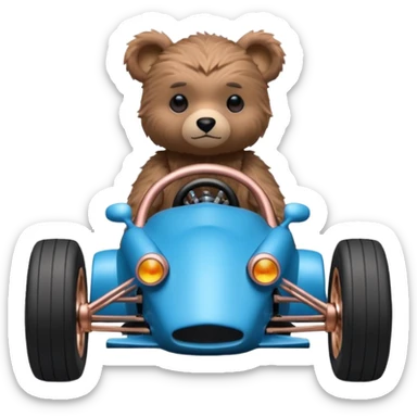dark crystal blue and rosegold-accented rc racing car driven by a small cute fearless teddy business bear with rear spoiler, roll bar, and wheely bar sticker