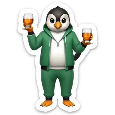 full body friendly anthropomorphised penguin wearing green mafia-style tracksuit, angry intense brooding posture, holding glass of whiskey sticker