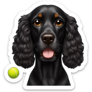 Full black cocker with brown eyebrow and a tennis ball in mouth sticker