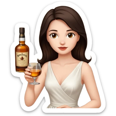Beautiful woman in 1950’s woman fashion look, white dress, long dark brown hair, whisky sticker