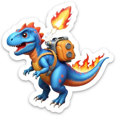 rocket-propelled dinosaur character, cute T-rex, rocket pack on its back, flames and smoke trail, dynamic flying pose, 3D cartoon, mobile game icon style, clean background, no text, no watermark
 sticker
