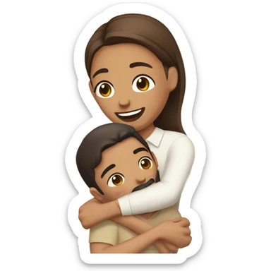 Brown-haired Puerto Rican woman with dark brown eyes wearing a cute blouse giving comforting hug to short, bald man with brown eyes, laugh lines, and a beard sticker
