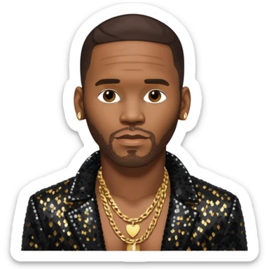 R. Kelly with dark brown hair, black sequin jacket, shirtless with necklace sticker