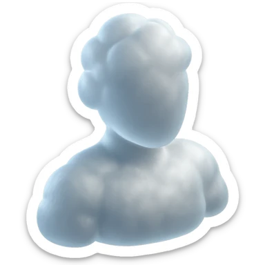 shoulder-up person fully made of white fluffy convex clouds, matte glass style sticker
