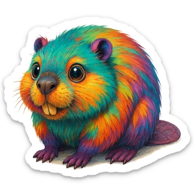 exotic beaver with multicolored fur and big eyes, transparent background sticker