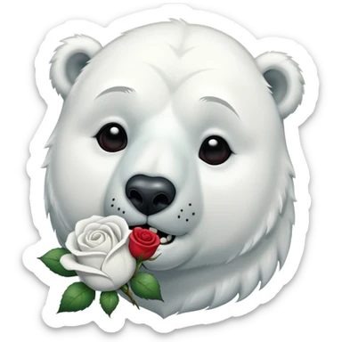a polar bear with kissing face and an accentuated jaw line that is crying with a dead rose next to it sticker