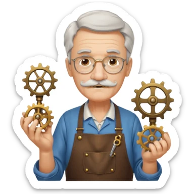 A gentle elderly inventor with tidy mustache, apron, and miniature clockwork device.
 sticker