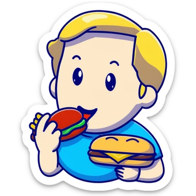 Blonde man with white skin and blue eyes eating a McDonald's hamburger, LGBT pride symbol sticker