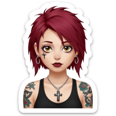 generate an ios genmoji of a girl with dark red messy hair with eyeliner on, septum piercing, wearing a cami black top, has tattoos, ear piercings, wearing a cross silver necklace sticker