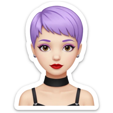 white girl with pastel purple pixie cut, black choker, red lipstick, lip ring, half smile, stylish and trendy sticker