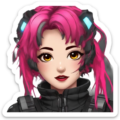 Gorgeous futuristic neon techwear anime style lady with blushing face aesthetic and pretty edgy black red punk messy wild cute hair with collar and harness trending style sticker