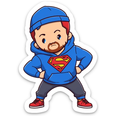 Full body Adult male with blue eyes and redish messy hair and trimmed facial hair wearing a blue superman hoodie and a black hat backwards sticker