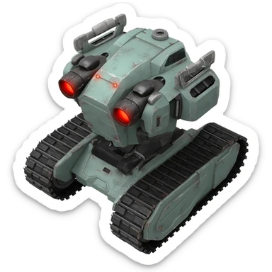 A top down view of an end level boss robot drone with tank track, in a cyber punk futuristic style far beyond what is currently available today, from the year 3000, the camera needs to be directly above the end boss robot drone looking down sticker
