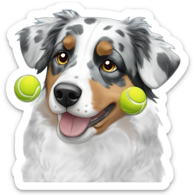 blue merle australian shepherd with raining tennis balls sticker