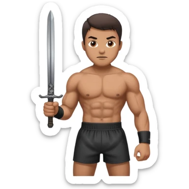 a man holding sword wearing only boxer sticker