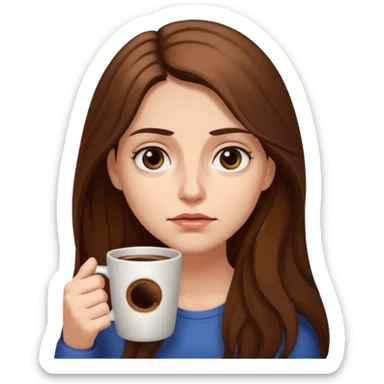 create a woman long hair brown, holding her cup of coffee looking exausted  sticker