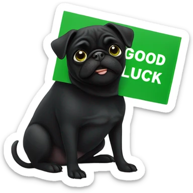 Black pug , surrounded by flowers, holding a green sign that says “good luck”  sticker