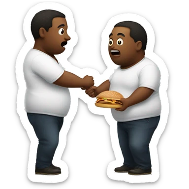 2 fat guys fighting with food in between them  sticker