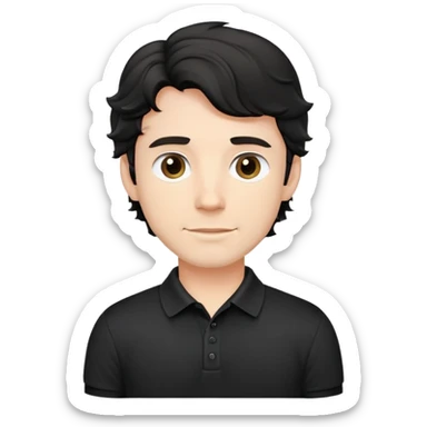 Caucasian male with wavy black hair in a comfortable black polo shirt with collar sticker