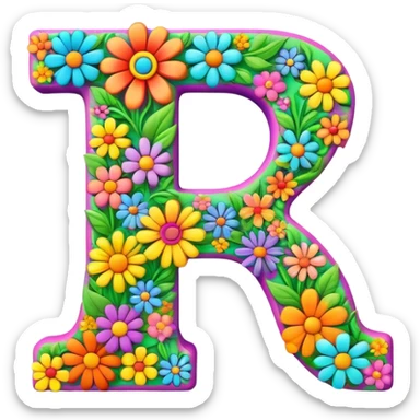 3D style, psychedelic colored Letter A with hippie style flowers sticker