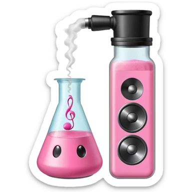 bublegum pink flask beaker with music coming out, as well as a vintage audio speaker sticker