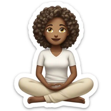 girl with light brown skin and dark loose curly hair wearing cream exercise clothes sitting cross legged meditating with closed eyes 😌 sticker