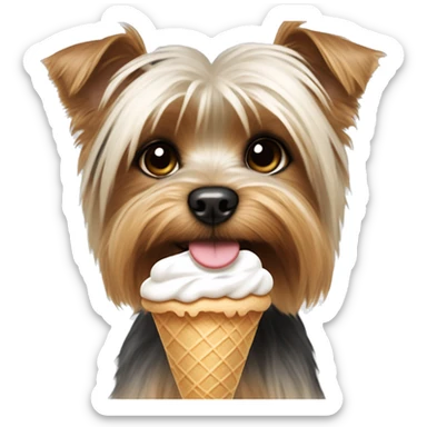 Puppy Yorkie white fur brown around eyes eating ice cream sticker