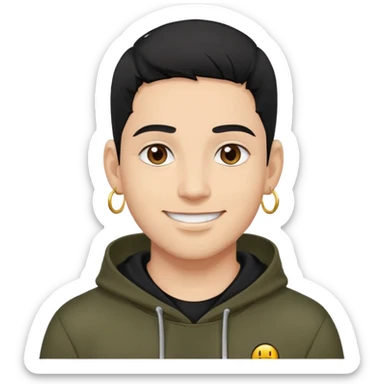 man with smiley face, black hair military cut, brown eyes, wearing 2 circle earrings and a black hoodie sticker