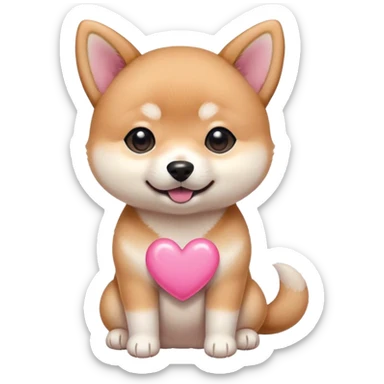 The baby shiba dog with a pink heart sticker