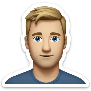 A head and shoulders shot of a 31 year old Caucasian man, with short brown hair,   with blue eyes wearing a t-shirt. sticker