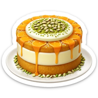 A small round emoji of traditional kanafeh with golden-orange crispy threads, a gooey white cheese center, and a light sprinkle of green pistachios. Warm and delicious-looking. sticker