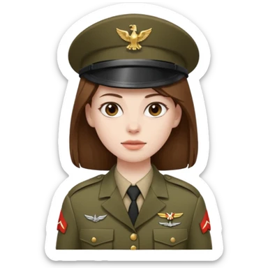 female soldier with pale skin and long, straight, brown hair sticker