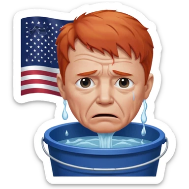 short red haired older man crying into bucket with USA flag on it sticker