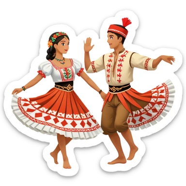 Cinematic Realistic scene of two performers engaging in the Croatian Linđo folk dance, adorned in vibrant traditional costumes with intricate patterns and accessories, captured in graceful, synchronized motion under festive natural lighting. sticker