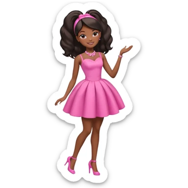 black barbie. typical barbie ponytail, pink dress, super pretty, full body, the only pink is her dress sticker