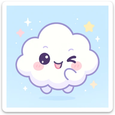 chibi-style kawaii cloud character, smiling face, pastel colors, giggling, playful mischievous eyes, soft lighting, floating in a blue sky with sparkles and stars, cartoon-style, clean background, digital art, 4k resolution sticker