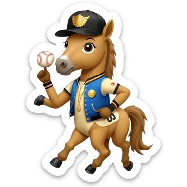 friendly anthropomorphised horse in RUN DMC style outfit, gold medal, baseball hat sticker